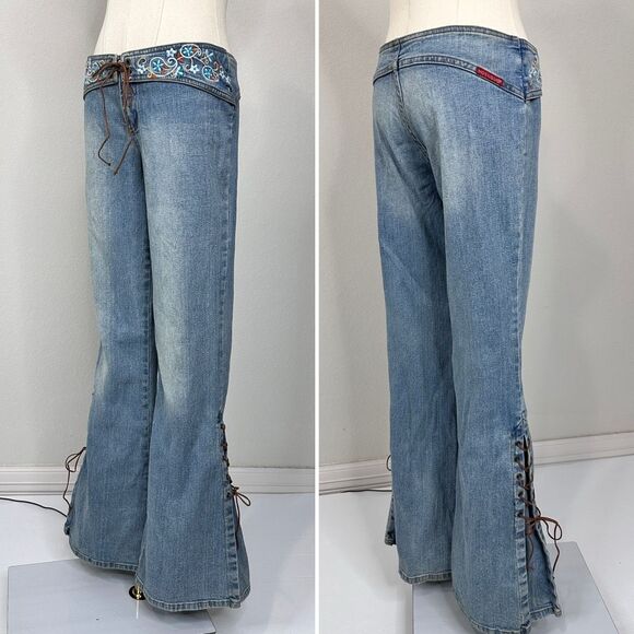 Y2K Hot Kiss Lace-Up Flare Jeans Low Rise Embroidered 3/ XS Boho Festival Bratz - Picture 4 of 16